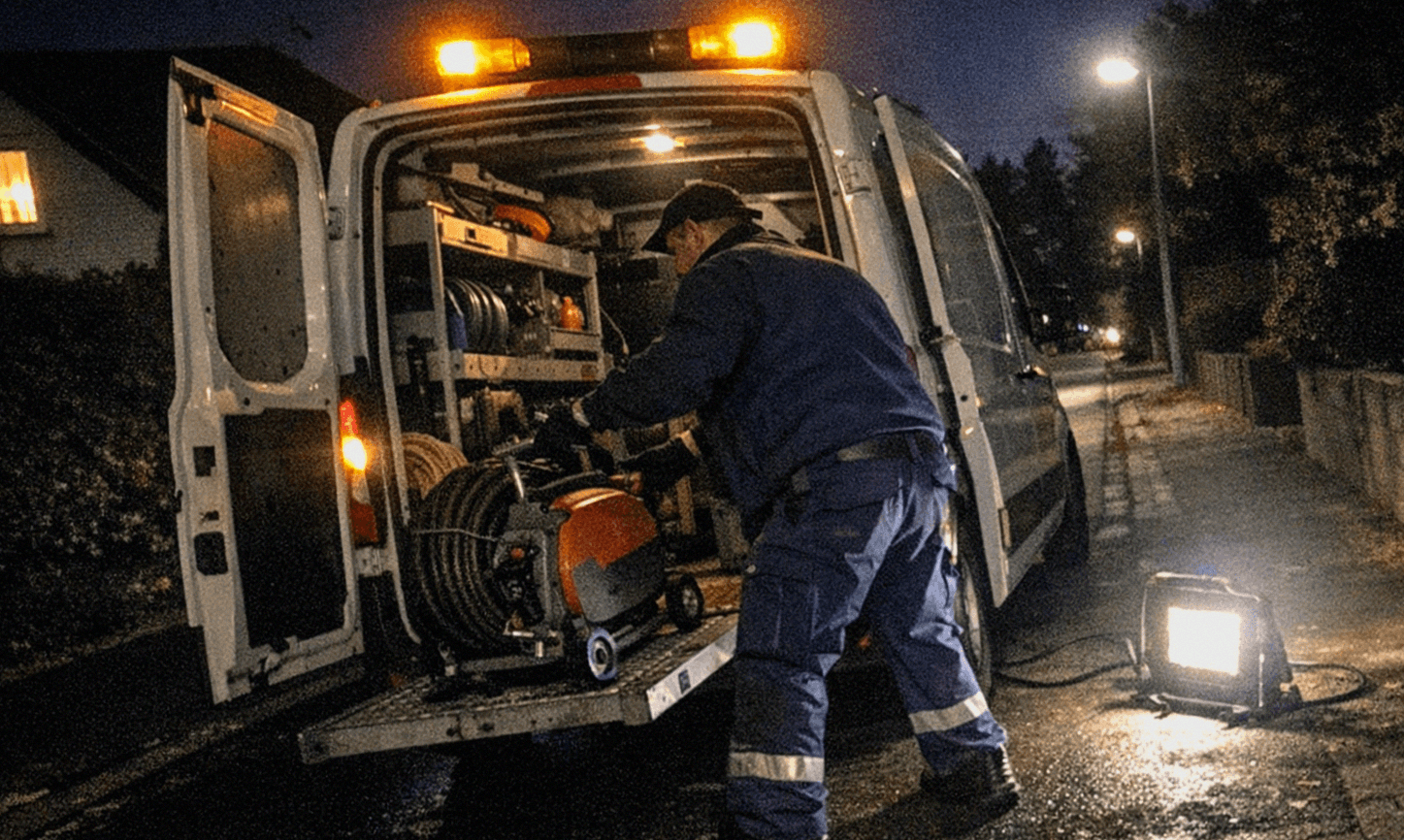 Servicefahrzeug eines Rohrreinigungs-Notdienstes bei nächtlichem Einsatz in Nürnberg