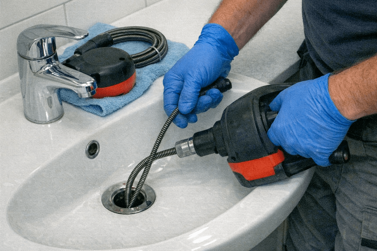 Professionelle Rohrreinigungsspirale im Einsatz am Waschbecken