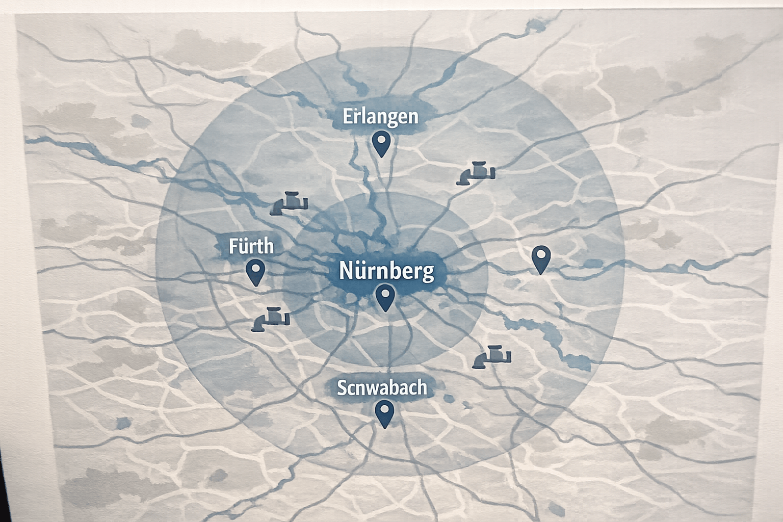 Karte von Nürnberg mit markierten Stadtteilen und Servicegebieten für Rohrreinigung in der Umgebung.