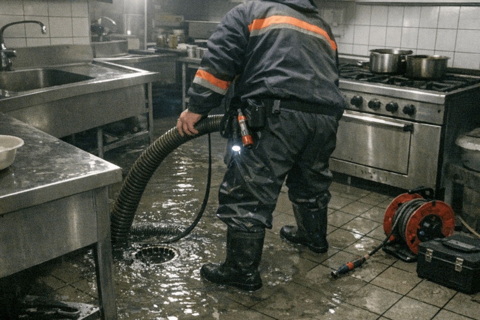 Großküche bei einem nächtlichen Notdiensteinsatz wegen verstopftem Abfluss