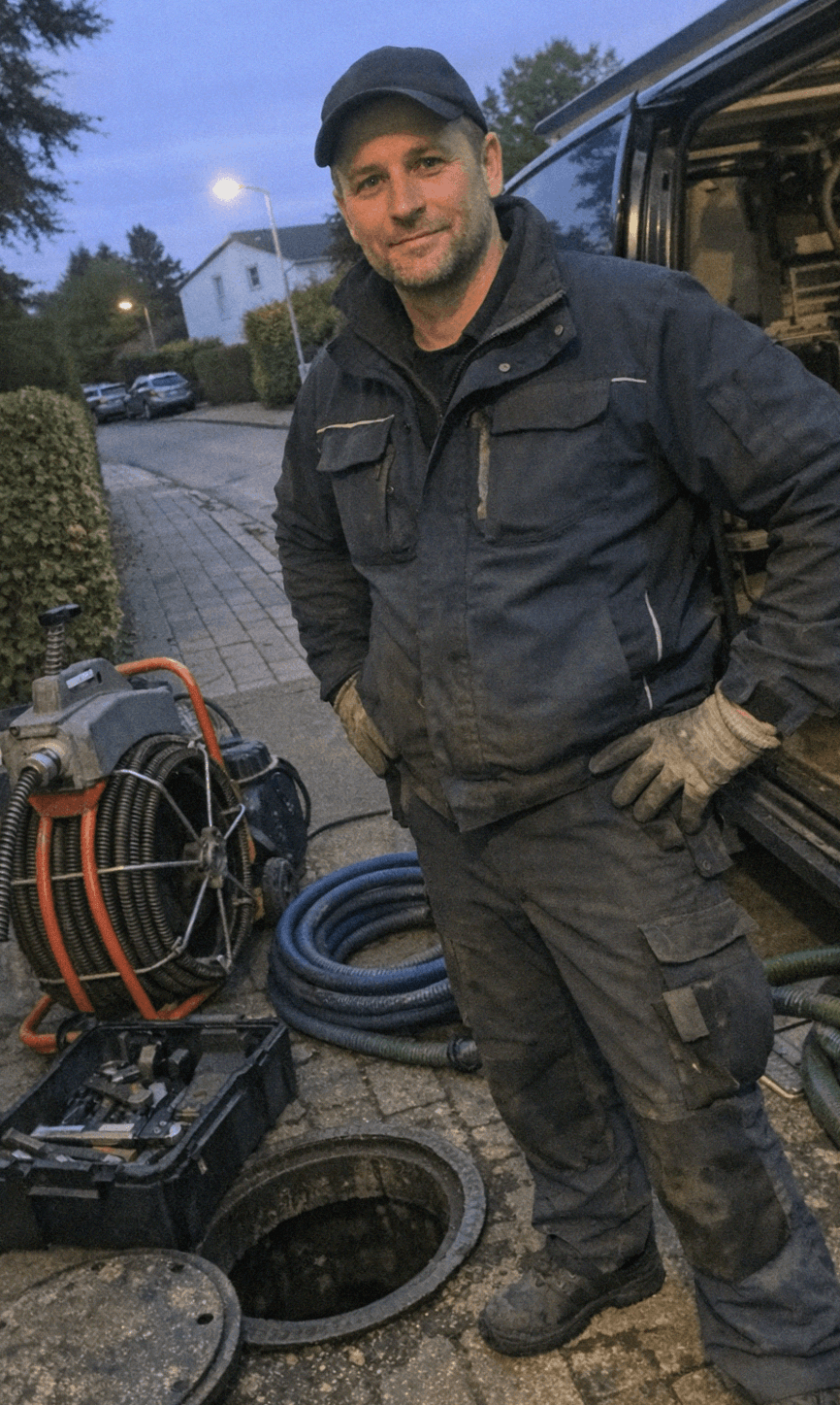 Techniker mit Werkzeugkoffer an Haustür in Wohnviertel in Brunn.