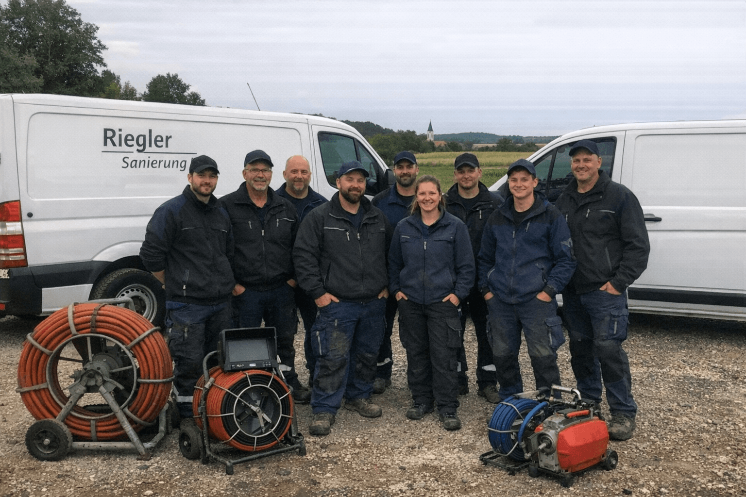 Team von Riegler Sanierung vor Servicefahrzeugen, professionell und vertrauenswürdig für Rohr- und Abflusstechnik in Nürnberg & Umgebung.